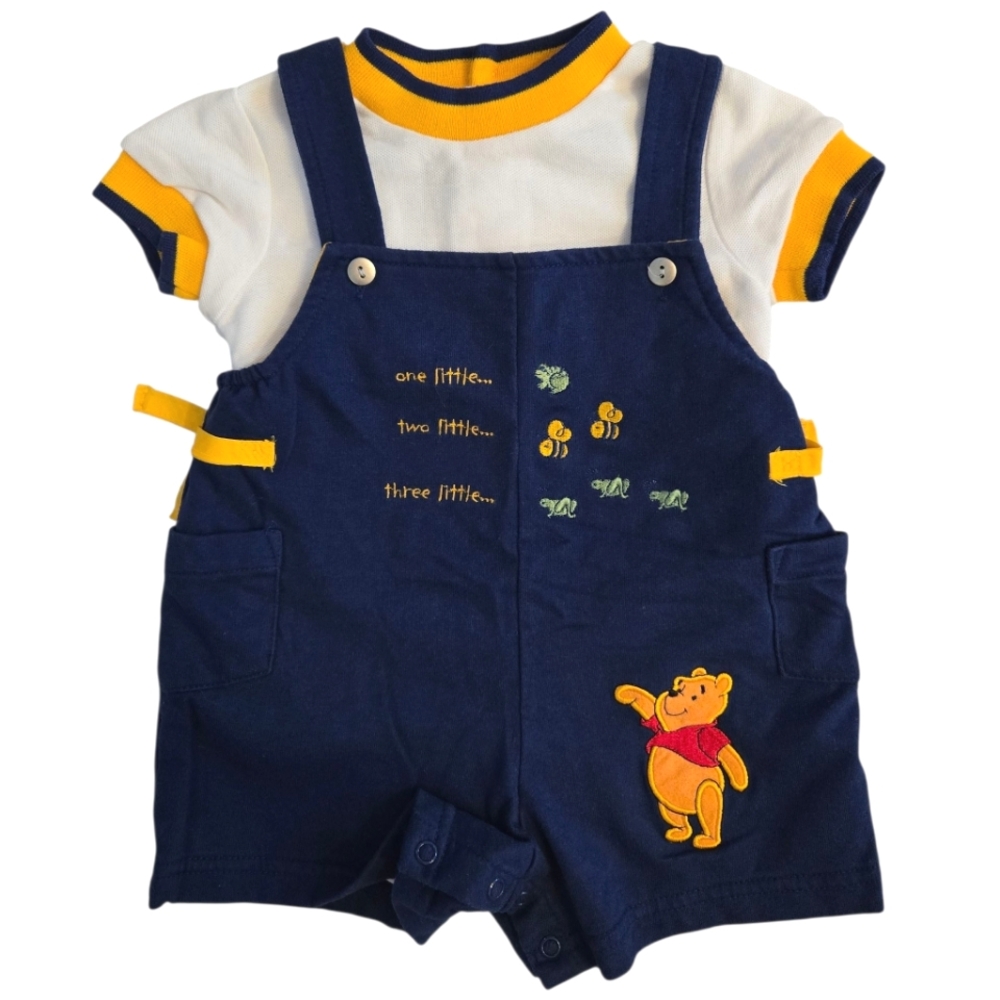 Vintage Y2k 3 Little Fish Disney Blue Winnie the Pooh Overalls And Shirt 2pc Set